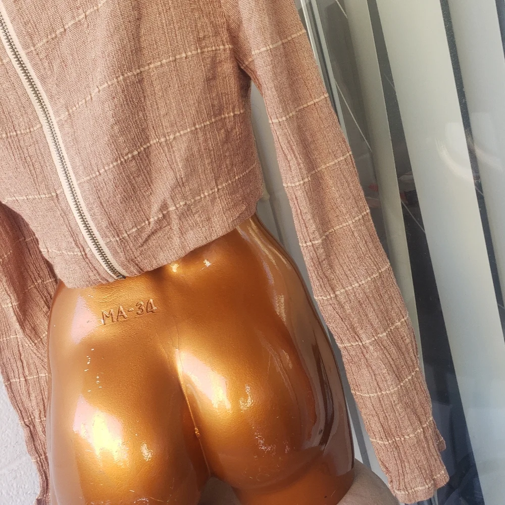 free people long sleeve square neck light brown cotton gauzy crop top plaid 10